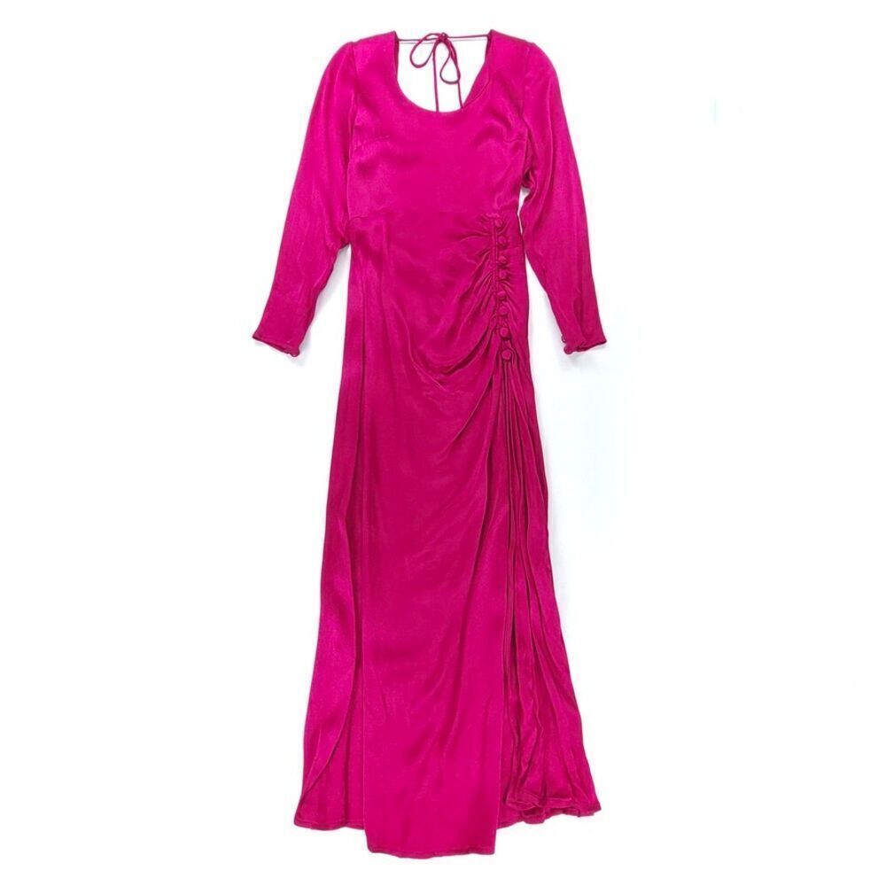 THE LINE BY K Elio Dress Vintage Long Sleeve Midi Magenta Fuchsia Pink Satin XS